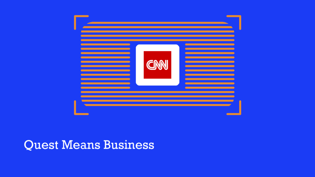The CNN mark on a screen of scan lines, captioned Quest Means Business
